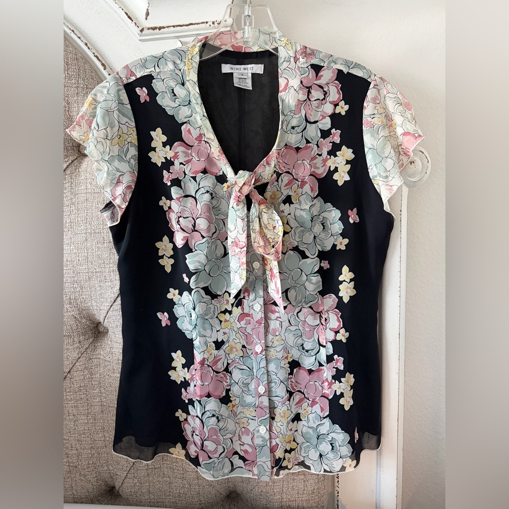 Nine West Black Floral Tie-Neck Cap Sleeve Blouse with Pastel Accents